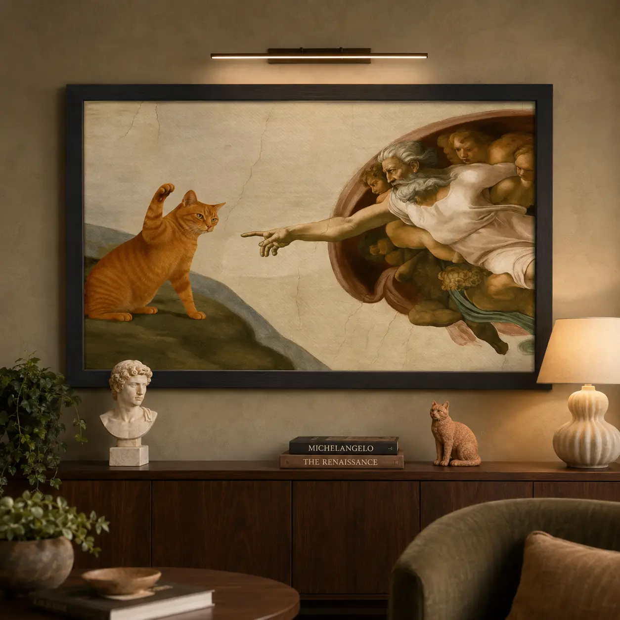 Creation of Adam Cat Canvas Wall Art Poster,Funny Renaissance Orange Cat Parody Poster, Vintage Classical Decor for Living Room, Bedroom or Cat Lover Gift