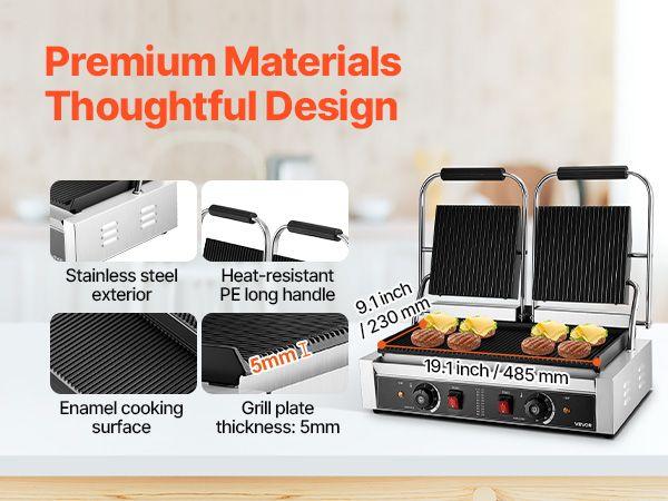 Commercial Panini Grill, 3600W Electric Sandwich Panini Maker, Stainless Steel Double Sandwichs Press with Handle and Temp Control, 19x9 in Full Grooved Enamel Plate, for Hamburger Steak Bacon