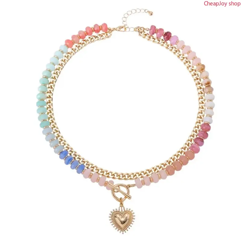 2026 Dopamine-enhanced colored beaded double-layer necklace, heart-shaped pendant chain, clavicle chain, unique stacked heart pendant, women's jewelry gift.