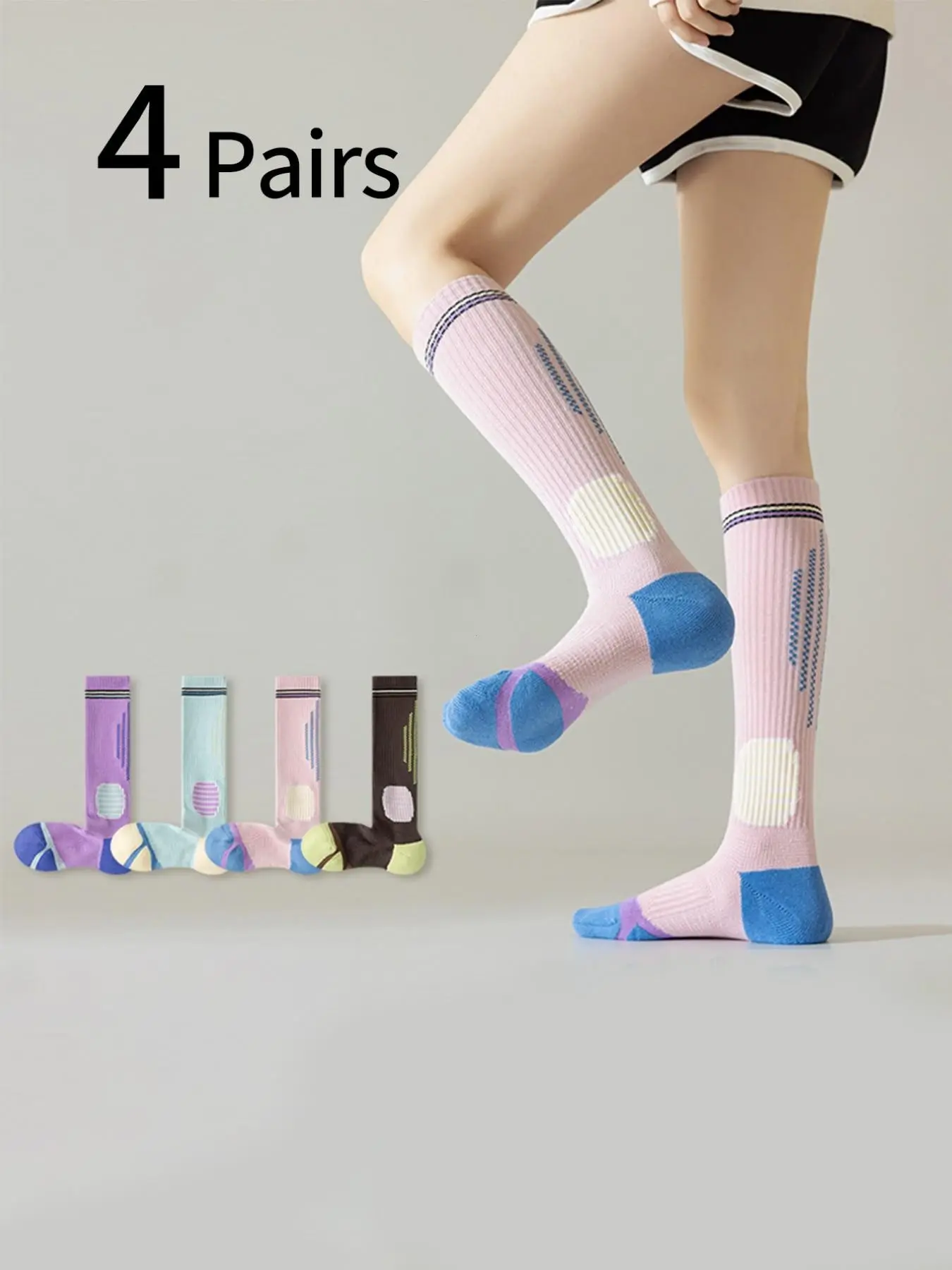 Women's Professional Sport Compression Socks, 4 Pairs, Yoga, Running, Cycling, Anti-Slip, Shock Absorption, Comfortable, Soft