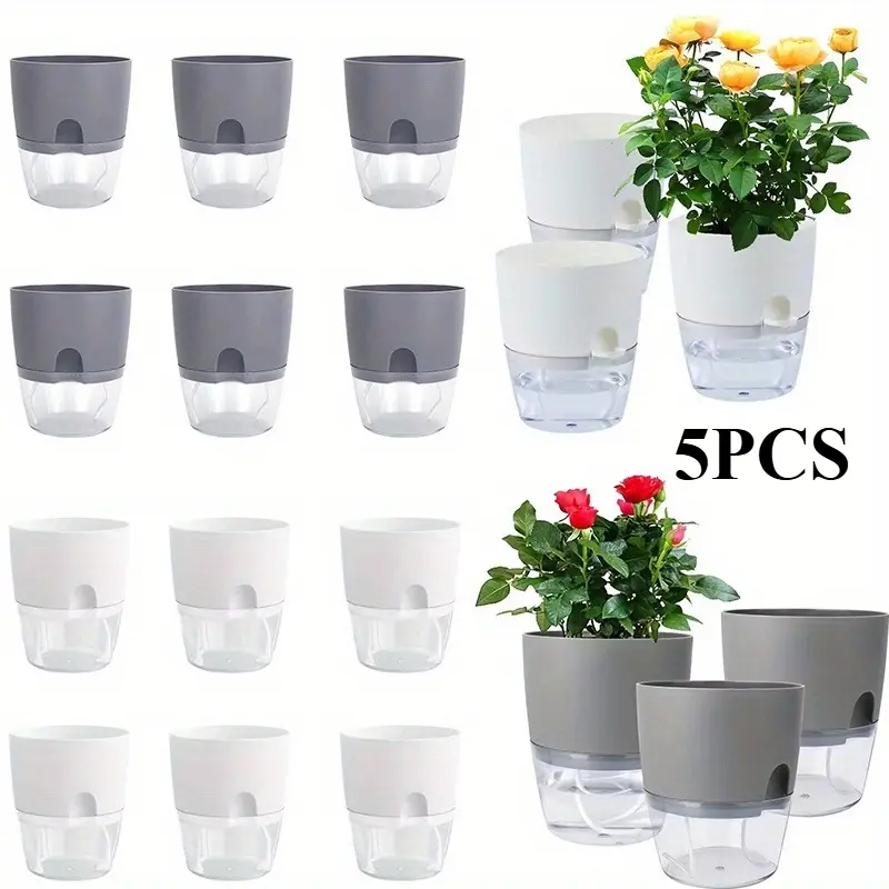 5Pcs Self Watering Plastic Flowerpot with Cotton Rope, Double-layer Hydroponic Plant Bonsai Flowerpot, Succulent Planter Bonsai Home and Office Decoration, Courtyard Garden Decoration, Plastic Pots for Plants, Outdoor Planters
