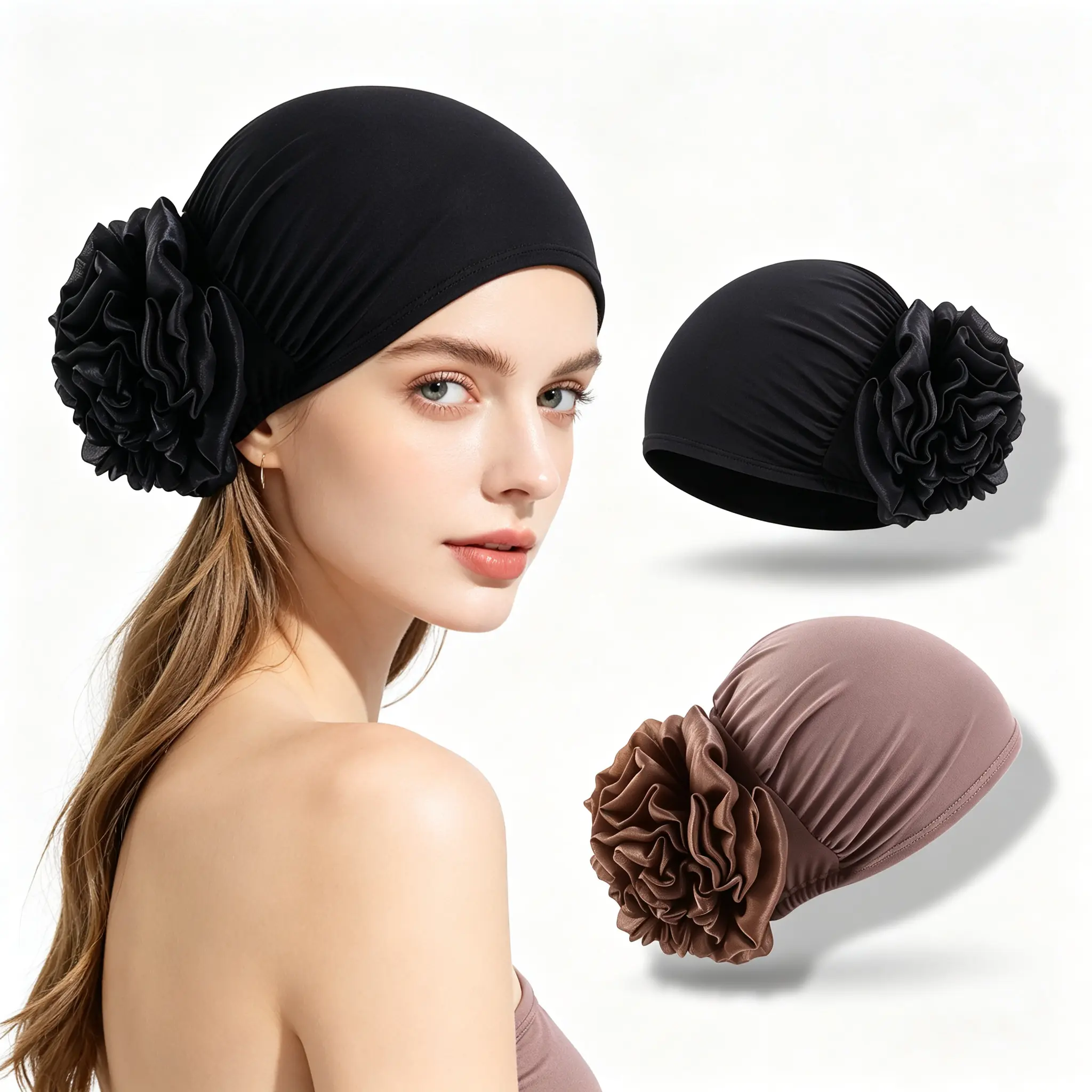 Side Handmade 3D Ruffle Flower Stretch Turban for Women, Soft Lightweight Sleeping Hair Wrap Bonnet, Breathable Chemo Head Scarf for Hair Loss, Spa Makeup Daily Fashion Head Cover