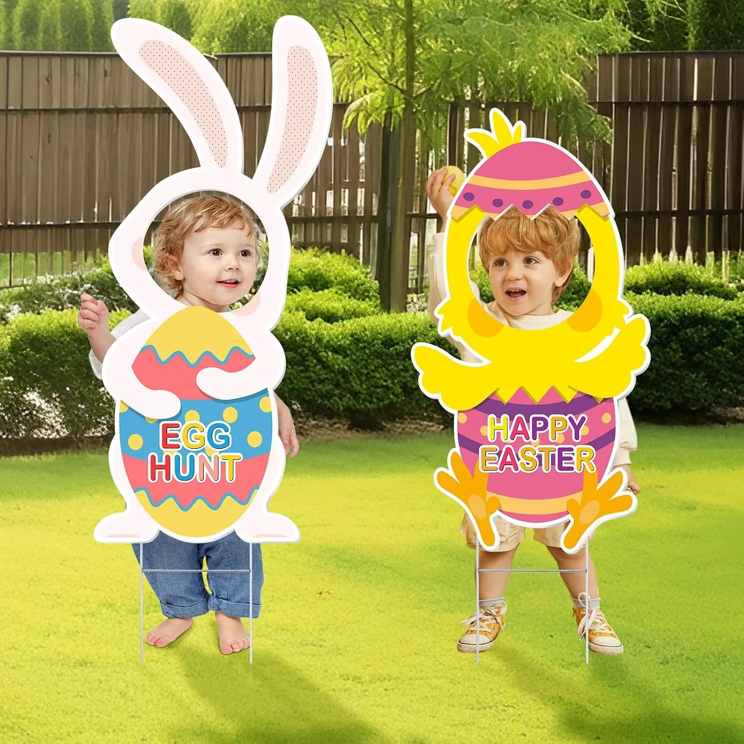 2 count Easter  Yard Decorations Standable Yard Signs with Stakes Bunny and Chick Lawn Decorations Funny Easter Photo Props for Garden Yard Lawn (Lovely)