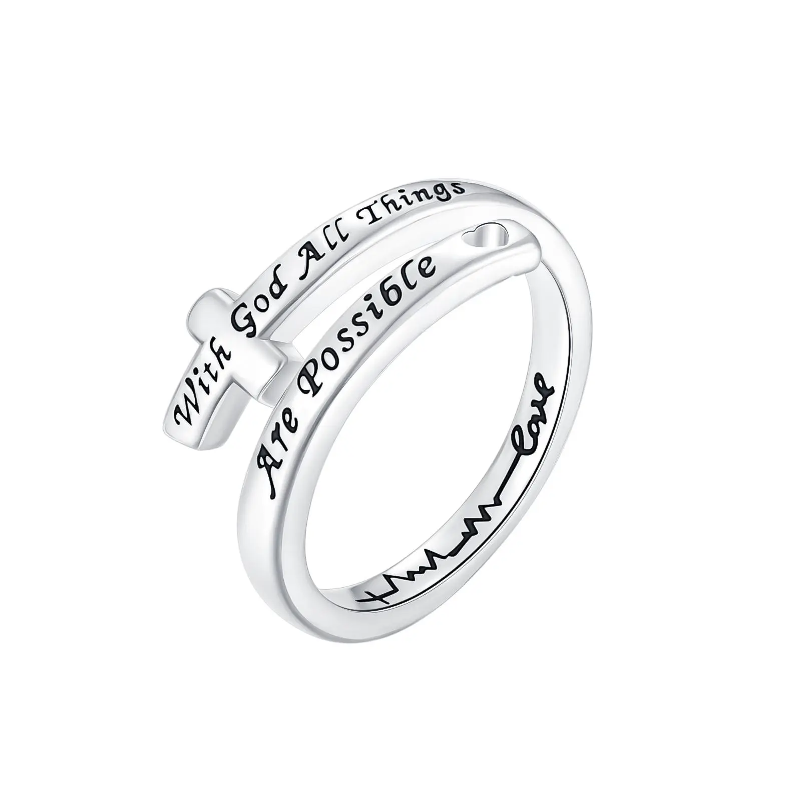 "With God All Things Are Possible" Cross Wrap Ring | Adjustable Heartbeat Faith Jewelry | Christian Gift for Women