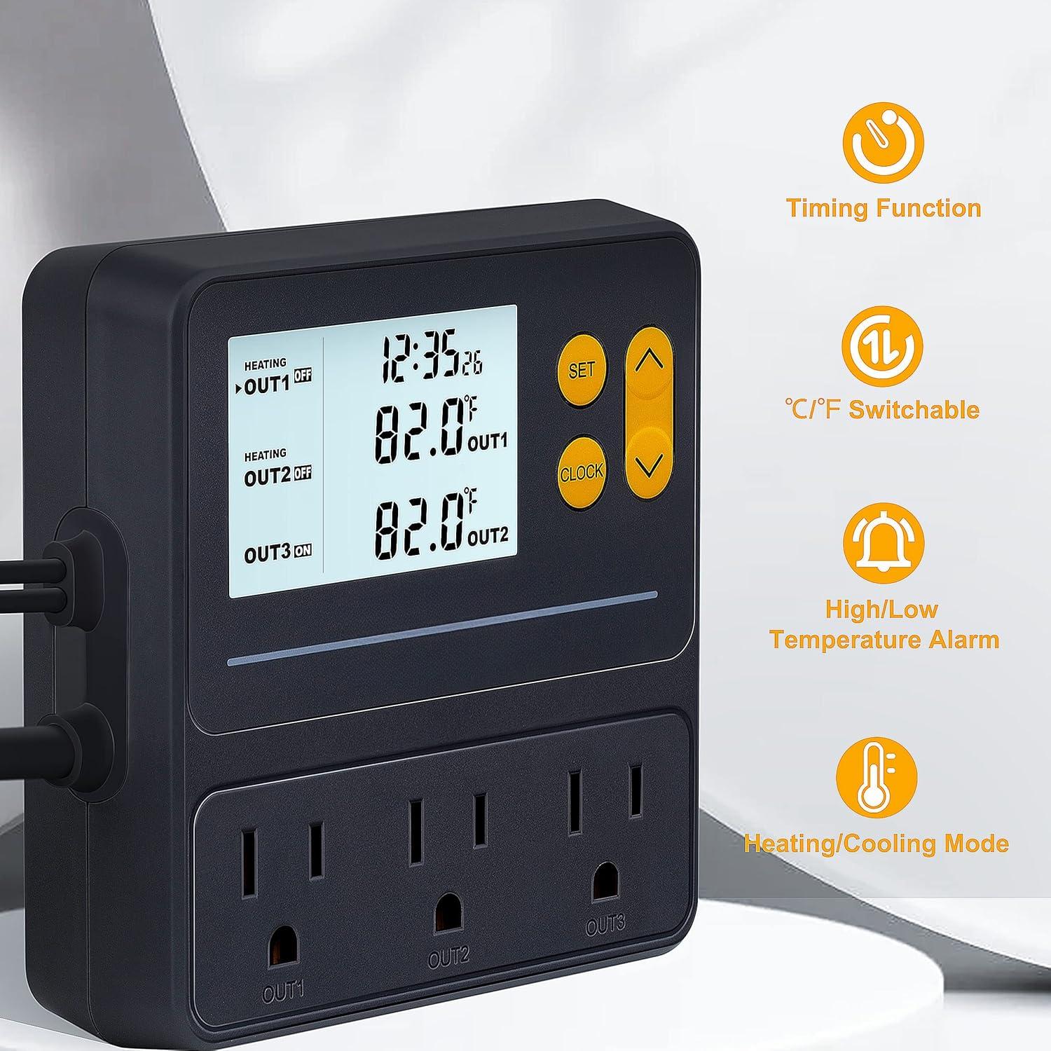 Reptile Temperature Controller with Timer Day-Night,3-Stage Outlet Thermostat Cooling Heating Mode Temperature Controlled for Ball Pythons,Mushroom,Fermentation,Bearded Dragon