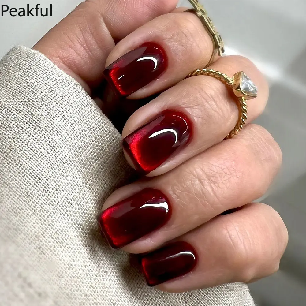 24Pcs Blood Red Cat Eye Press-On Nails, Vampy Velvet Shimmer Short Square Manicure, Sultry Reusable Glossy Nails for Date Night, Halloween & Halloween Daily Glam