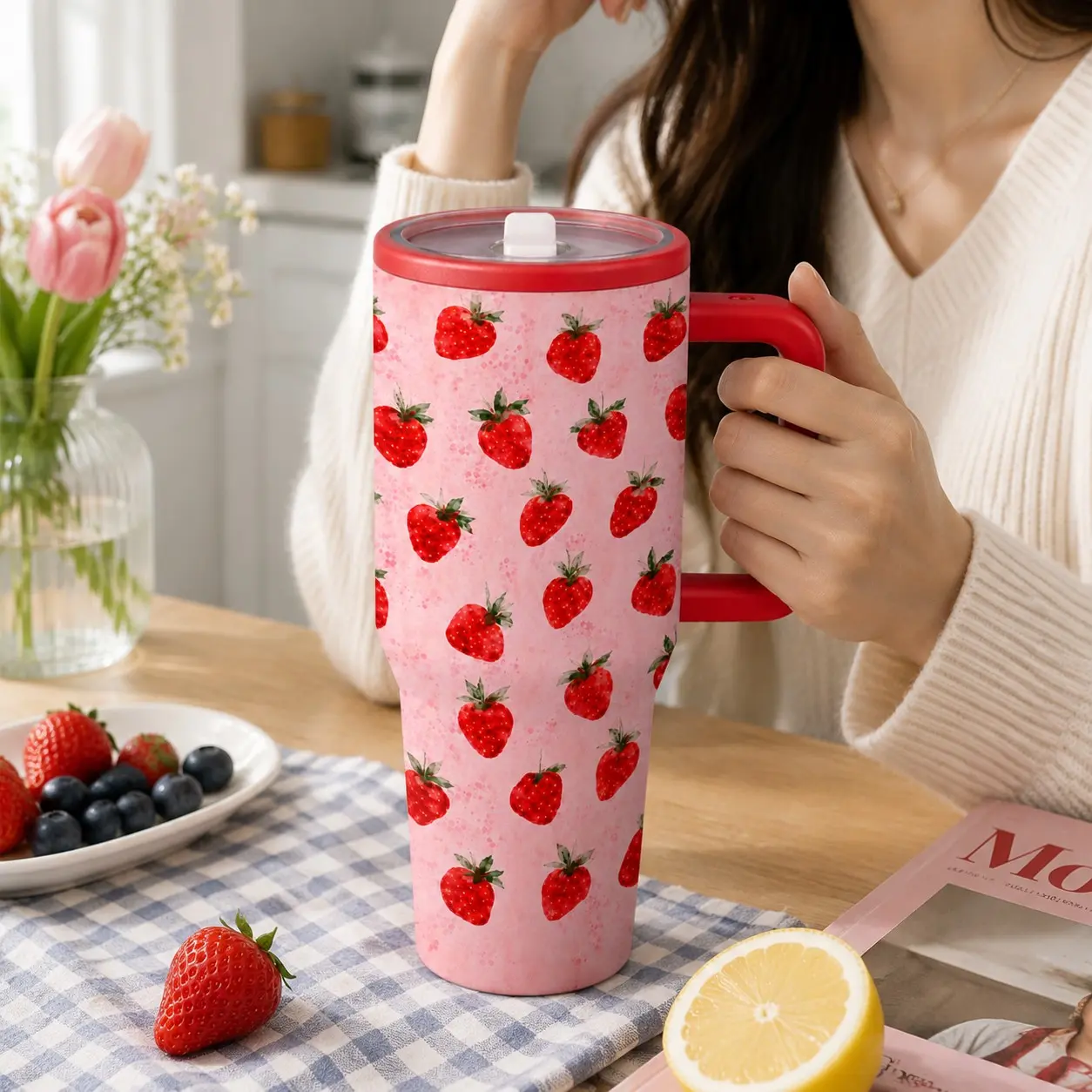 1PC 40oz Strawberry Insulated Tumbler, Cute Kawaii Design, Stainless Steel, Vacuum Insulation, Leak-Proof Lid, Ideal for Coffee, Tea, Office, Travel