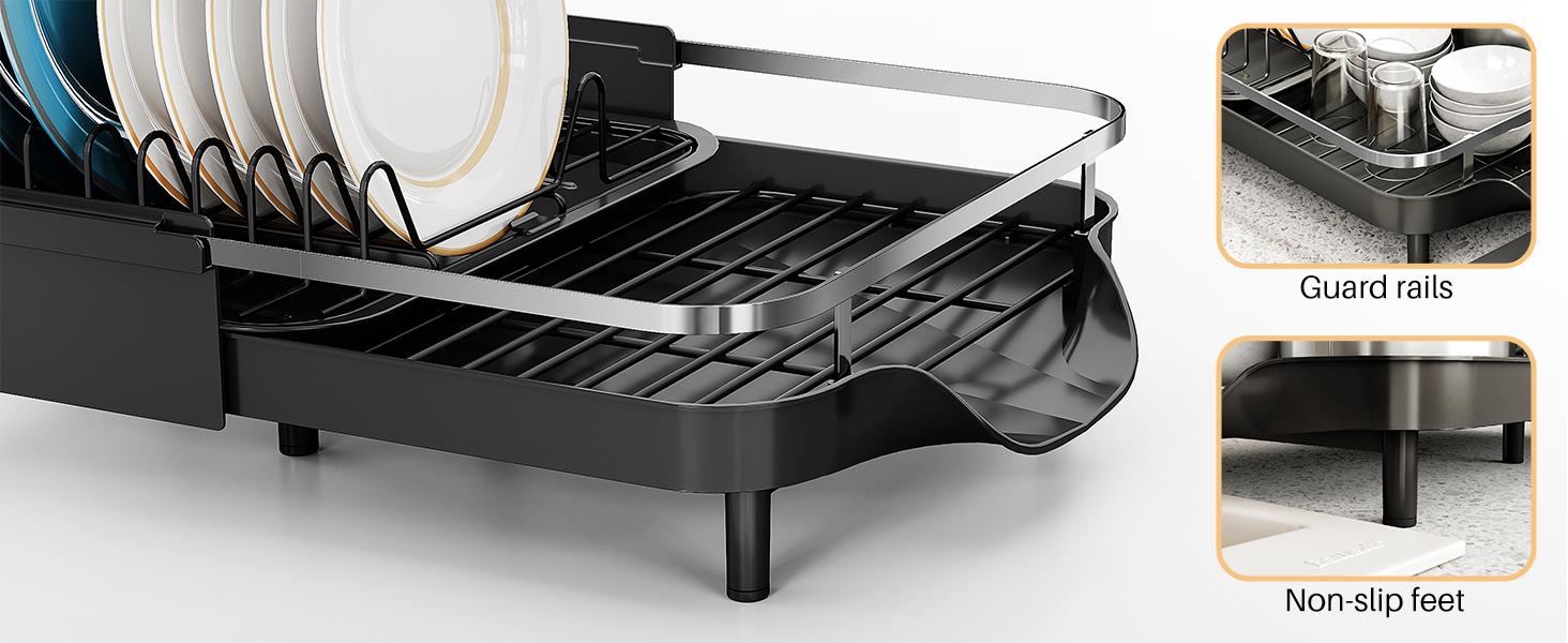 Dish Drying Rack, Expandable Dish Rack for Kitchen Counter, Stainless Steel Dish Drainer with Drainboard Set and Utensil Holder (Black)