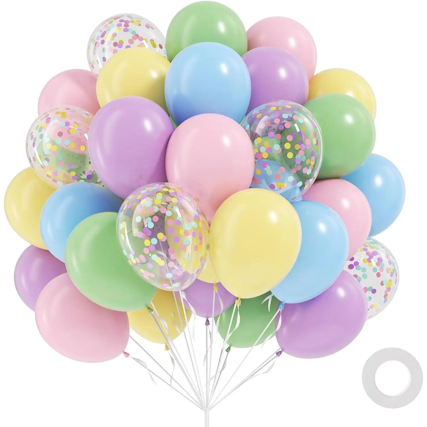 12in Colorful Rainbow Pastel Balloons Kit - 60pcs Set with Blush Pink, Green, Blue, Purple, Pastel Yellow & Confetti Balloons for Happy Birthday, Baby Shower Decorations, Happy Birthday Balloons