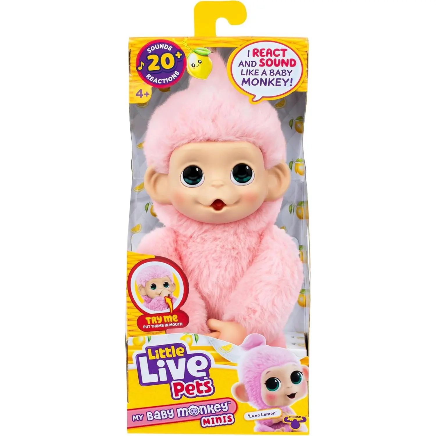 Little Live Pets Baby Monkey Minis – Luna Lemon.Interactive Pet Toy.20+ Sounds & Reactions.Soft Pink Fur.7.4" Tall.Feed, Nurture.React.Grippy Hands & Feet.Collect All 3