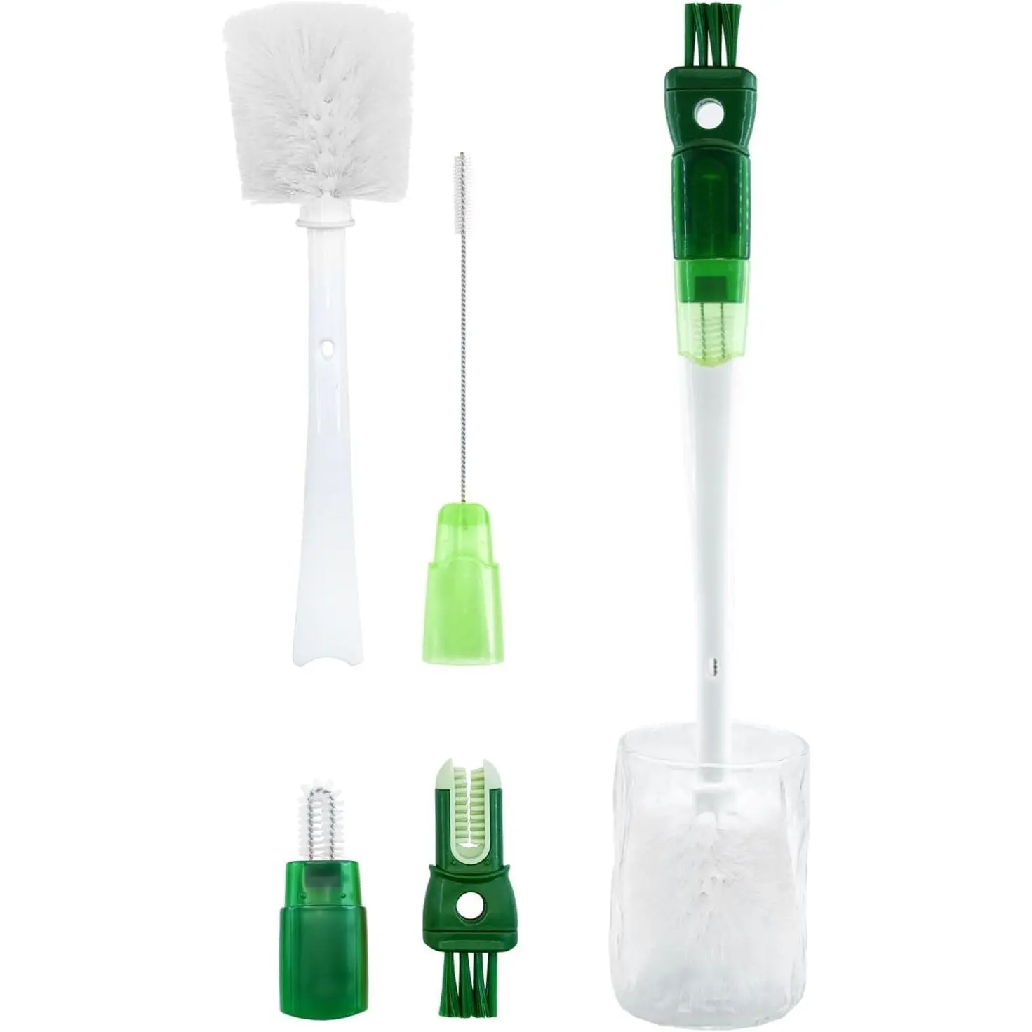 Five-in- Bottle Brush Set (1Pc Green), Long Handle Bottle Cleaning Brush Straw Brush Nipple Brush Hard-Corner Brush for  Water Bottles Caps Mugs Glasswares Tumblers  Decanters