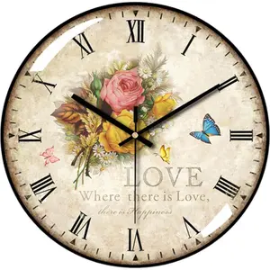 12-Inch Retro Vintage Floral Butterfly Decorative Wall Clock - Battery Operated, Glass Dial, Silent Non-Ticking, Roman Numerals, for Living Room, Bedroom