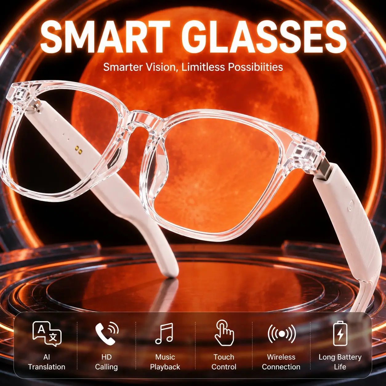 New Smart Translation Glasses, Wireless Open-Ear Headphones, Audio Playback, Casual Versatile, Indoor Work, Outdoor Hiking, UV Protection