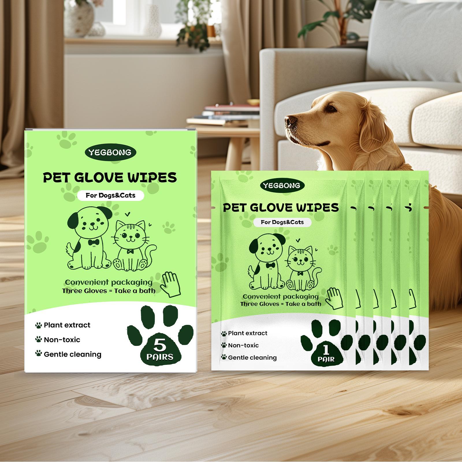 Pet Cleaning Gloves, 5 Pairs Pet Cleaning Wipes, Pet Grooming Wipes, Dog & Cat Grooming Supplies, Dog & Cat Accessories