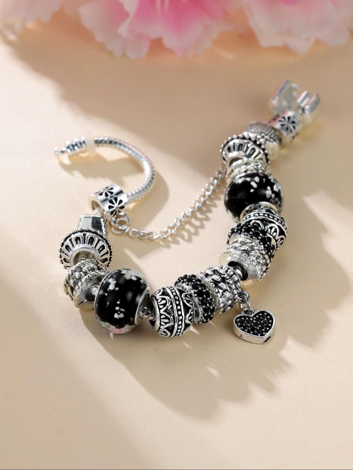 Rhinestone Decorated Heart  Beads Charm Bracelet, Fashion Diy Bangles/bracelets for Girls/women for Daily Decoration, Heart Shaped Bracelet, Diy Forever Bracelets