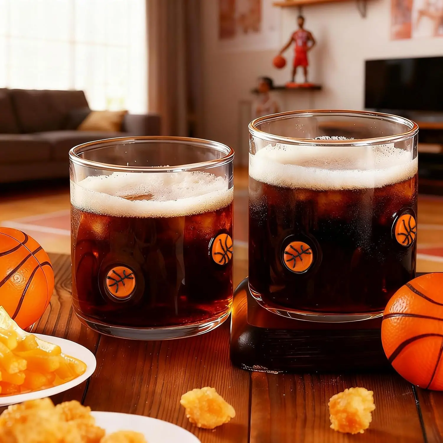 2 count 14 oz Basketball Icon Glass Cups  Icon Juice Glass Old Fashioned Hand Blown Drinking Cups Drinkware  Set for Party Decoration  Lovely Gifts