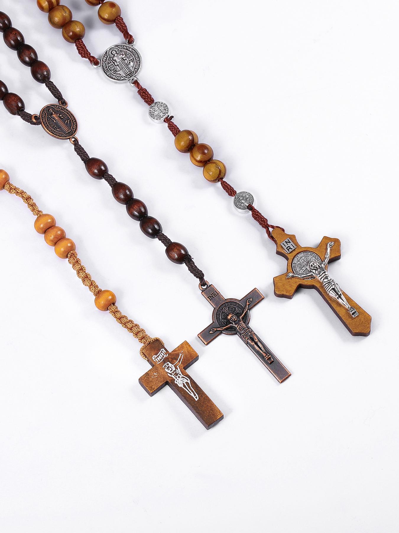 Vintage Wooden Beaded Rosary Necklace, Cross Pendant Necklace for Men & Women, Fashion Jewelry for Party, Daily Decor, Trendy All-match & Exquisite Jewelry for Birthday Gift, Cross Charm Necklace, Dainty Cross Necklace
