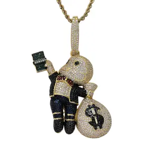 Fashion Hip Hop Hand Grab Dollar Banknotes Bald Boy Dollar Money Bag Colored Zircon Local Tyrant Pendant Necklace