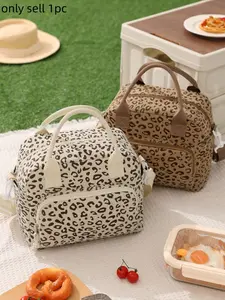 1pc Portable Cherry Corduroy Insulated Lunch Bag, Durable Lunch Bag, Corduroy Lunch Tote, Star & Leopard-Print Lunch Box, Reusable With Adjustable Shoulder Strap, Large Capacity Cooler Bag Waterproof Thermal, Thickened For Students, Work