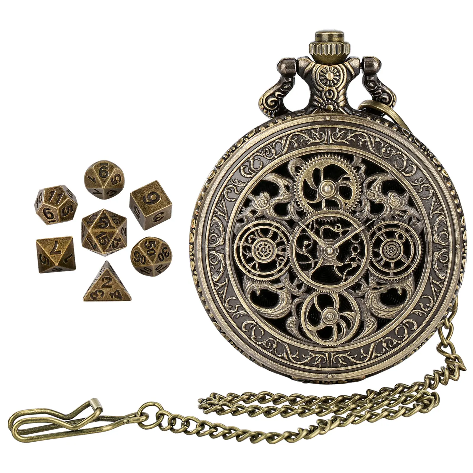Hollow Out Gear Design Pocket Watch with Chain & Dice, 1 Set Role Playing Game Accessories, DND Beginner Accessories, Analog Watch, Durable Watch, Skeleton Watches