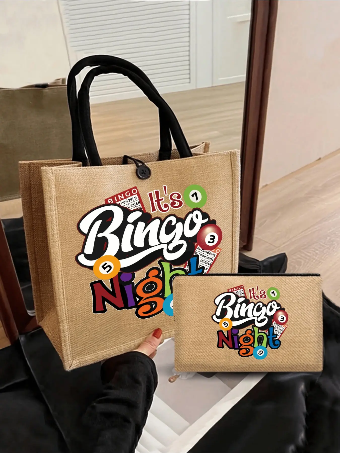 "It's Bingo Night" Jute Tote Bag Set with Zipper Pouch, Colorful Bingo Game Print Reusable Bag, Versatile Shopping Cosmetic Storage Gift for Bingo Lovers, Fashion Patterned Bag, Casual Fashion Bag