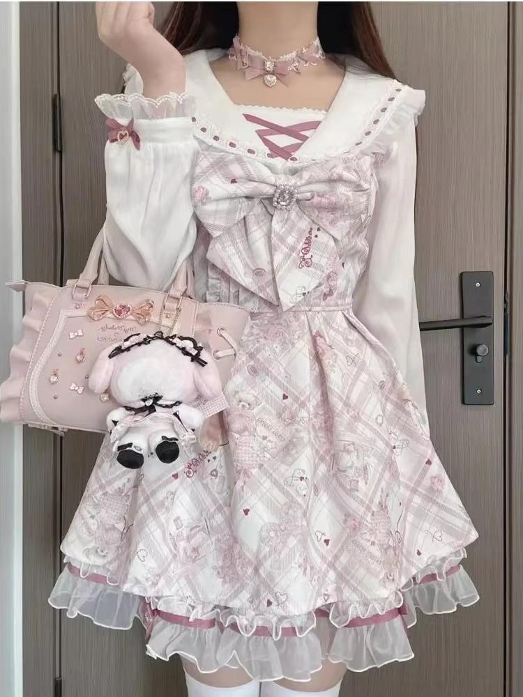 Japanese Lolita Dress Suits Women Long Sleeve Floral Mini Dress Sets Elegant Vintage Fashion High Waist Kawaii Outfits  Chic