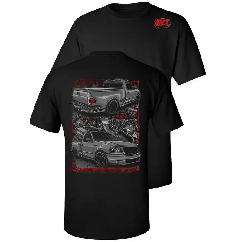 Men's Casual Menswear Round Neck Graphic T-Shirt - Short Sleeve Streetwear Top with SVT Lightning Truck, Kenne Bell Engine Print, Minimalist Design, All Seasons Wear