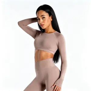 DFYNE Womens Seamless Crew Neck Long Sleeve Top High Elasticity Breathable Yoga,Women's long-sleeved yoga dress with cropped back and cutout design