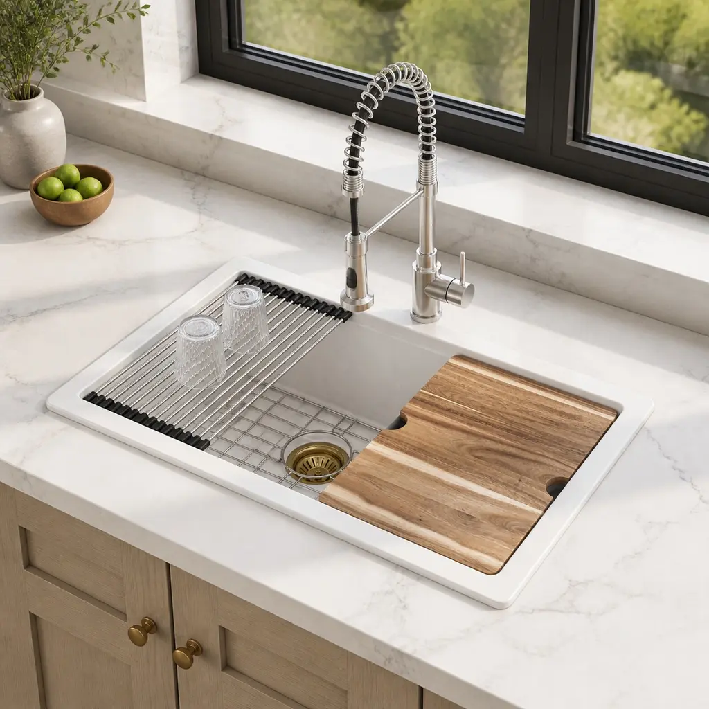 ARCH 21 x 20 Inch White Quartz Composite Drop-In Workstation Kitchen Sink with Cutting Board, Roll-Up Drying Rack, Bottom Grid, and Strainer, Single Bowl Bar Prep Sink for Kitchen Island or Laundry Room, White Color Options, Quartz Material, Rectangle