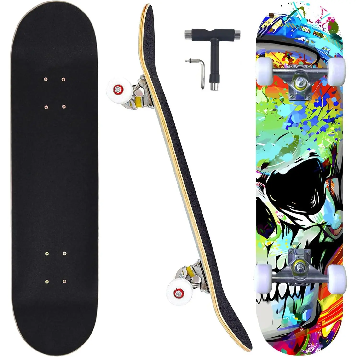 31 Inch Complete Skateboard 7 Layer Canadian Maple Deck Double Kick Concave Pro Skate Boards For Beginners Adults Youths Teens Kids Girls Boys Street Outdoor Sports Training Skate Equipment