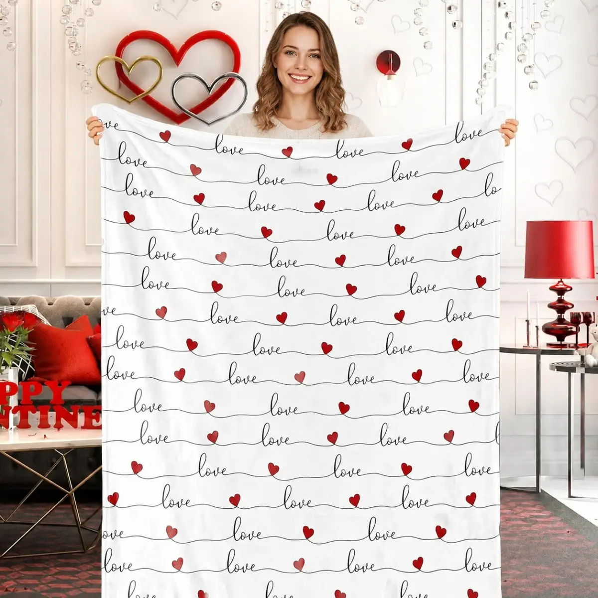 Romantic Valentine's Day Blanket, Heart Design Throw Cover for Bedroom and Couch, Sweet Love Gift for Couples, Holiday Home Decoration