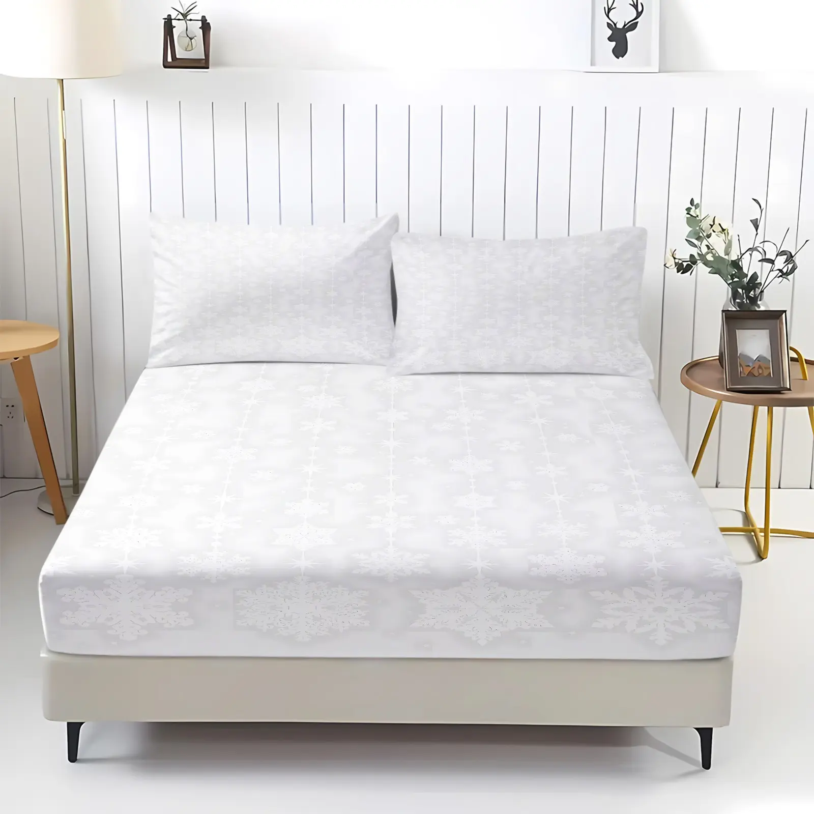 White Subtle Hanging Star Snowflake Fitted Sheet Set, Bed sheet set, 360° Elastic Anti-Slip Design, HD Fade-Proof Digital Print, Soft Breathable Machine Washable Fabric, Includes 2 Pillowcases - without Core Minimalist Winter Bedroom Decor