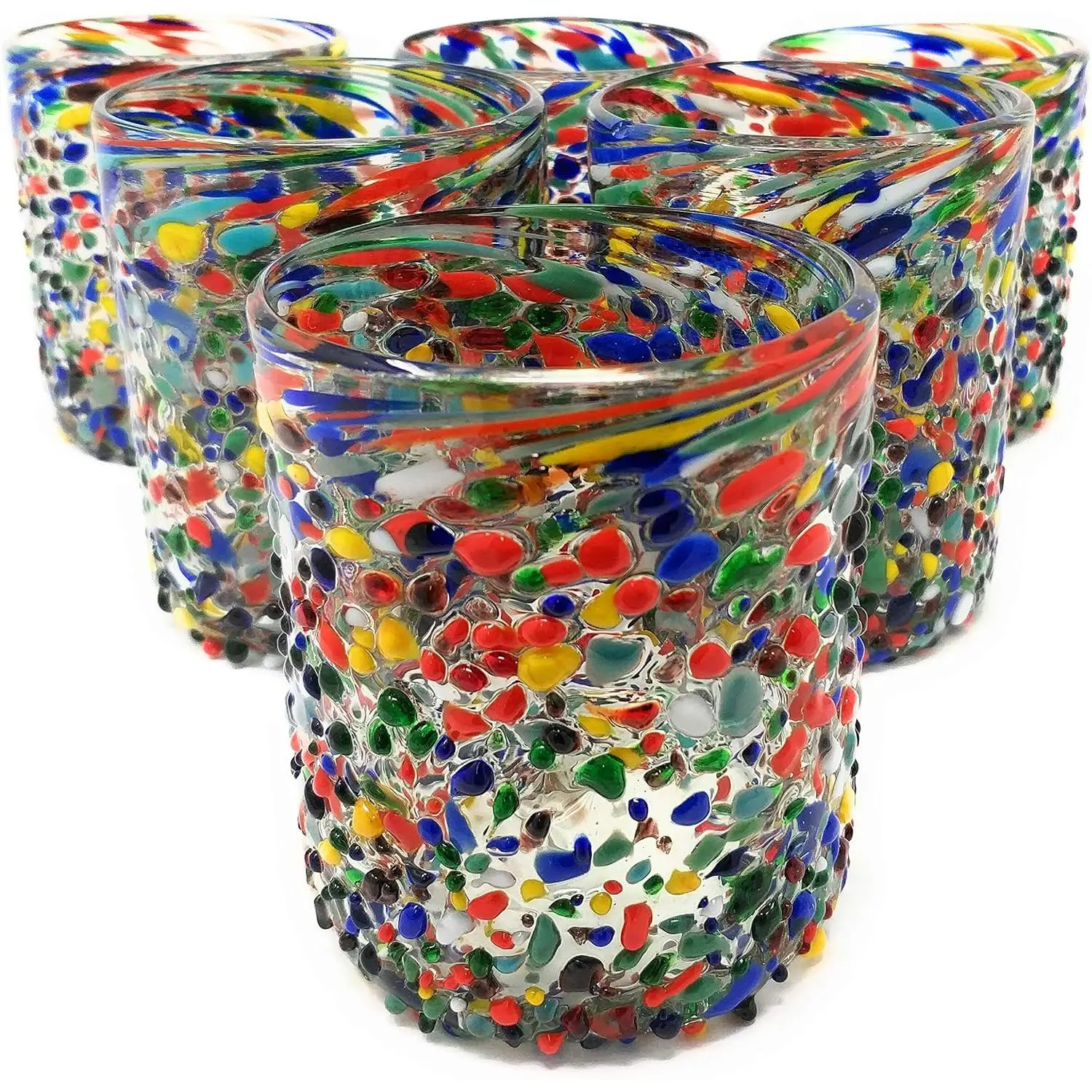 Hand Blown Mexican Drinking Glasses – Set of 6 Confetti Rock Tumbler Glasses (10 oz each)