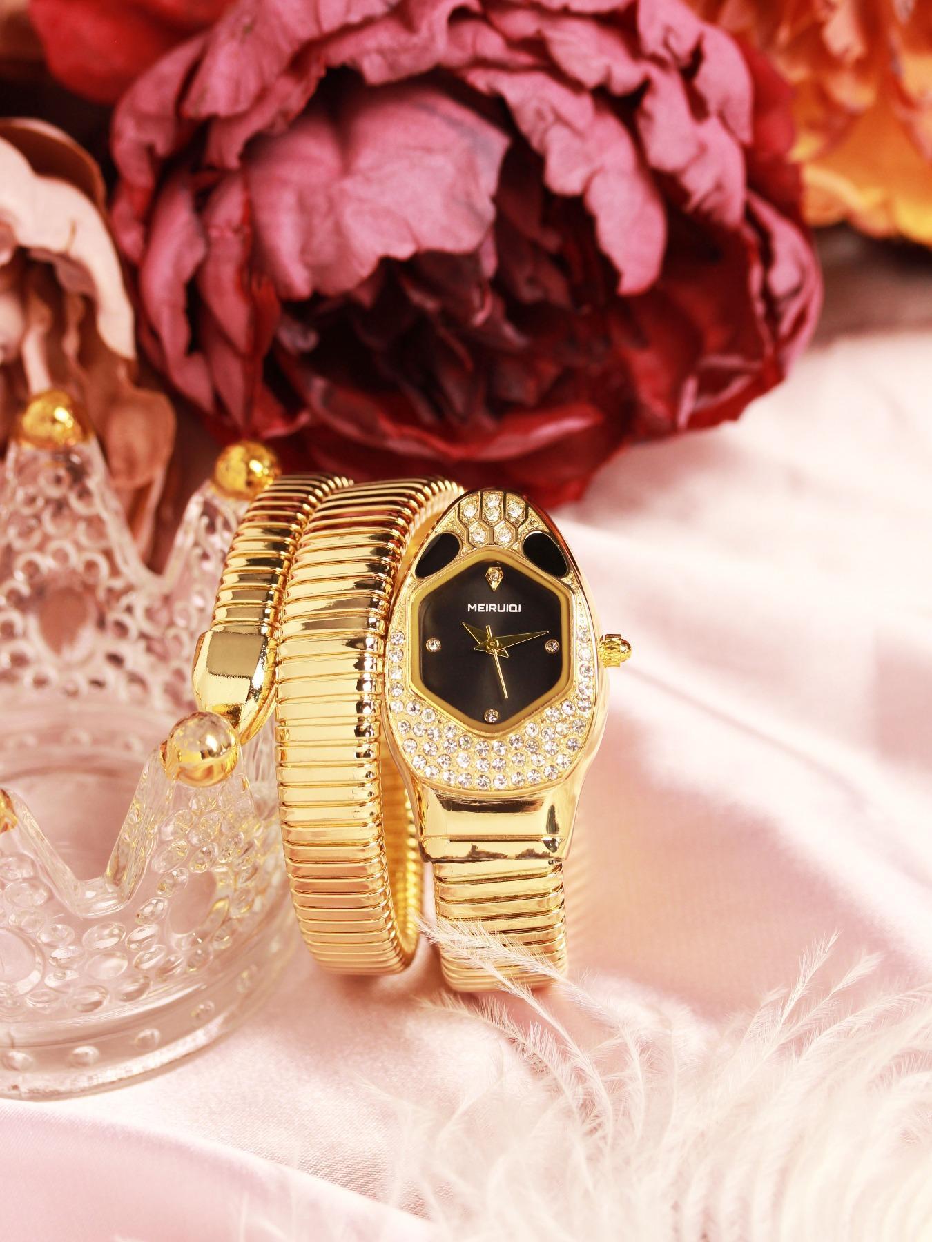 Women's Elegant Snake Design Quartz Watch & Jewelry Set, Including Wristwatch & Bangle Bracelet & Ring & Pendant Necklace, Fashion Watch Set for Gift with Box