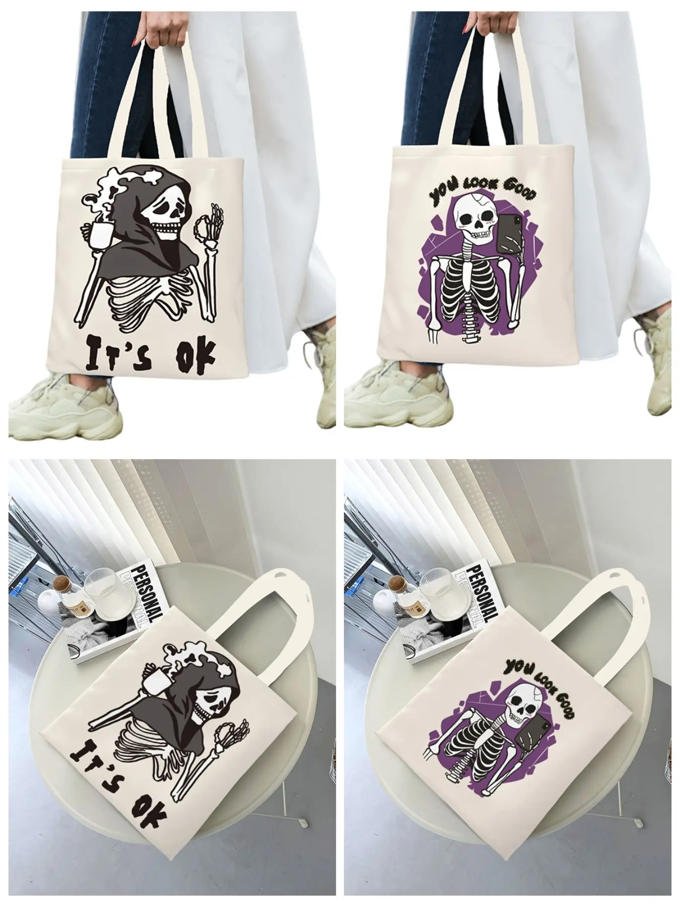 1 Pc Funny Skeleton Print Tote Bag, Gothic Halloween‑themed Shoulder Bag, Large‑capacity Commute Handbag, Fashion Tote Bag. Ideal for shopping, vacation, school days and Halloween outfits. Niche style for subculture, goth and steampunk aesthetics.