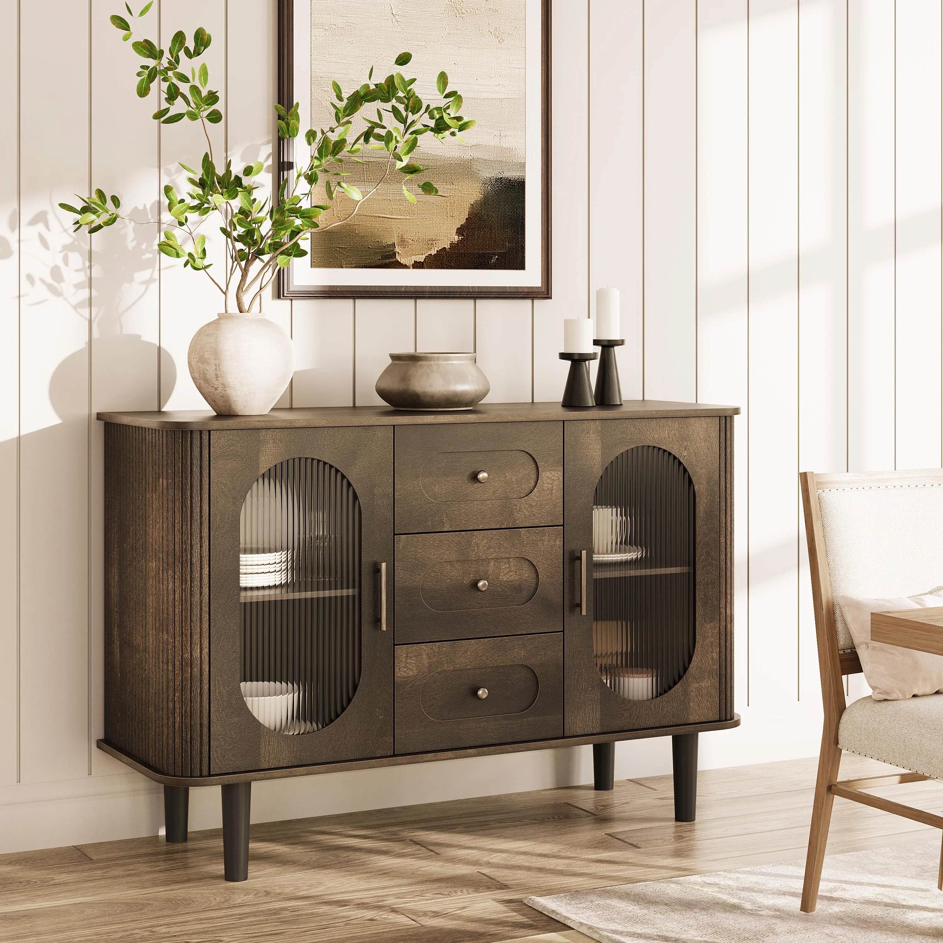 Multi-Use Indoor Sideboard Cabinet - Storage Credenza with Ribbed Glass Display Doors, 3 Drawers, Adjustable Interior Shelves, Adjustable Shelves Cabinet