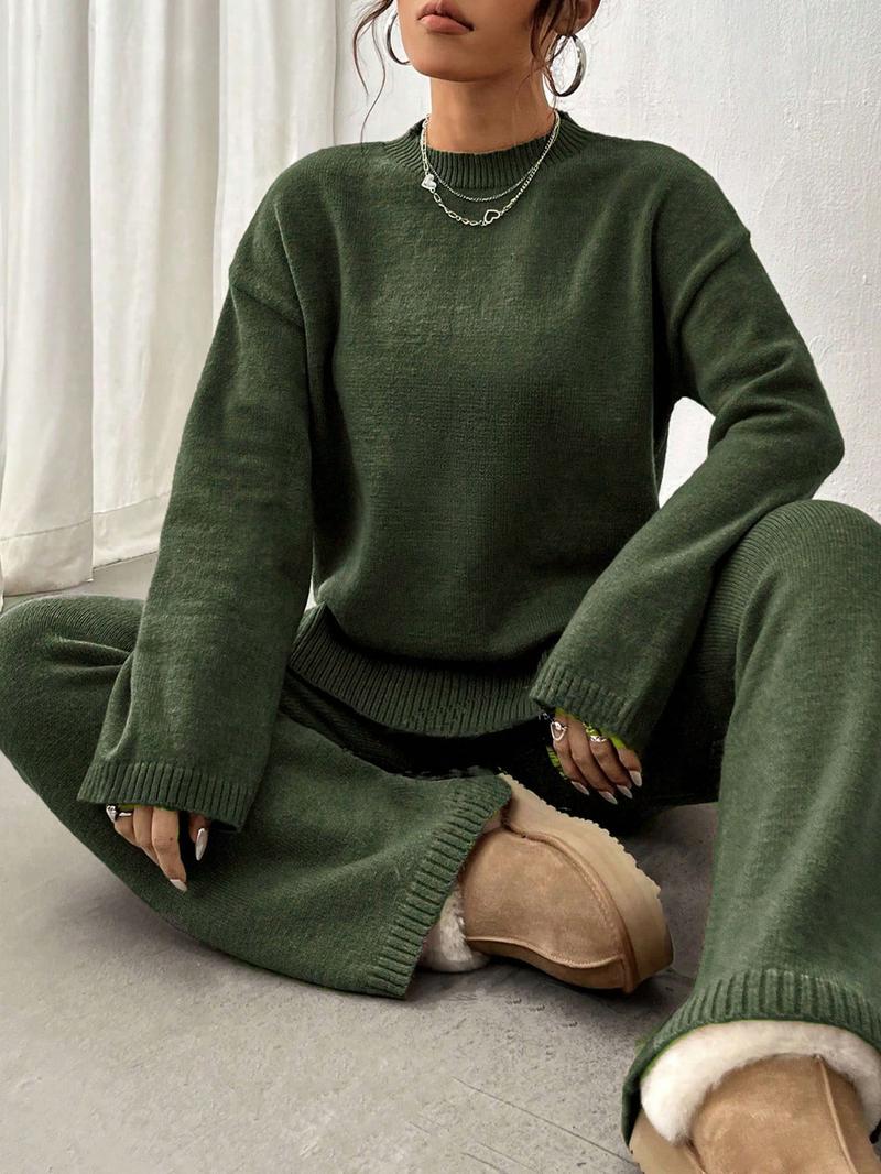 【Plus Size】 Two-Piece Set Women's Solid Color Sweater & Pants, Casual Fashion Knitwear Set for Daily Outdoor Wear, 2 Piece Sets Women, Women Knitwear for Fall & Winter