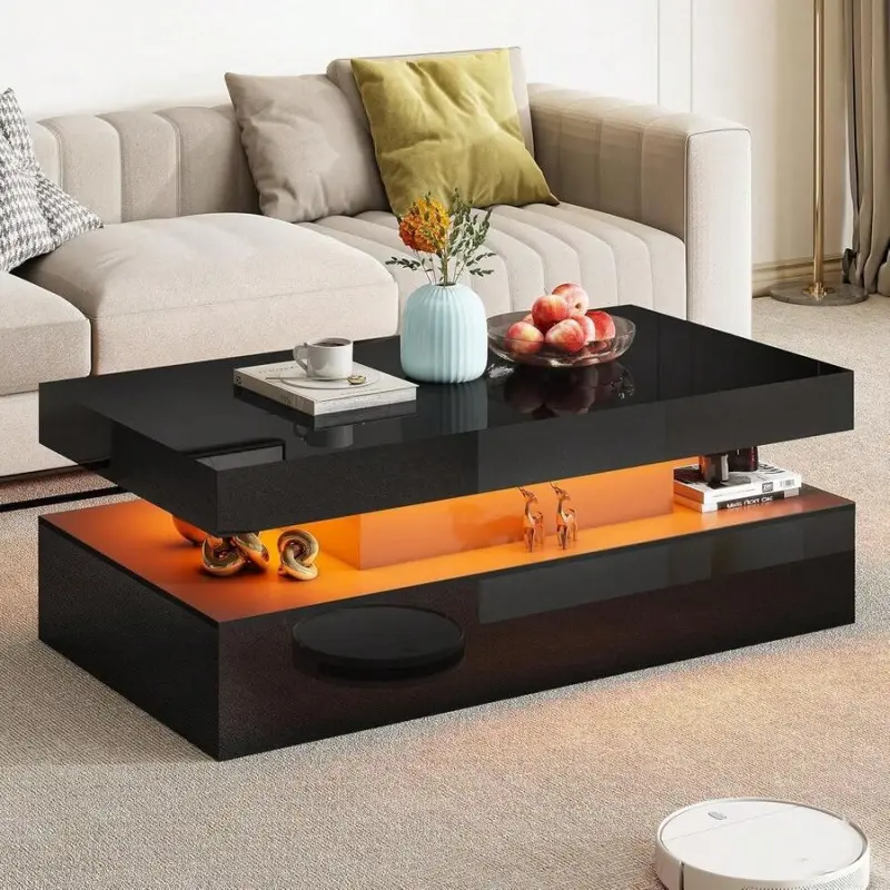Modern High-Gloss Coffee Table for Living Room - LED Lighting, 39.4"w * 17.9"d * 16.9"h, Storage, Remote Control, Assembly Required