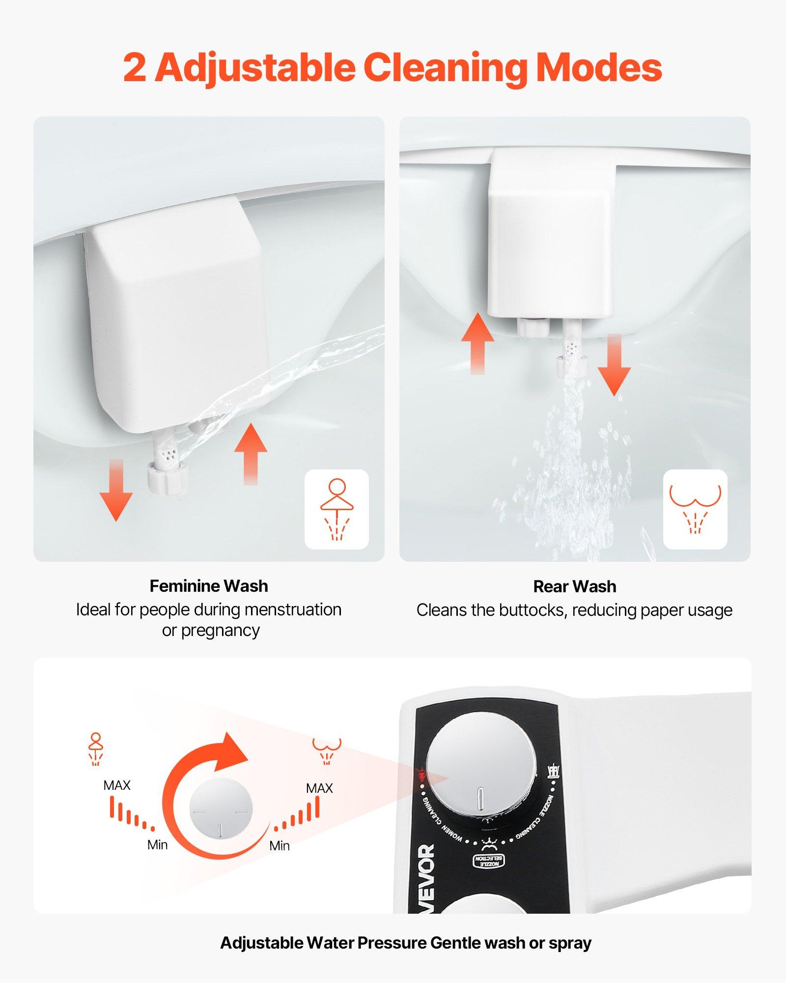 VEVOR Bidet Attachment for Toilet, Non-Electric Bidet Toilet Seat Attachment - Dual Retractable Nozzles, Adjustable Water Pressure,  Easily Installed Cold Water Sprayer for Rear Feminine Wash, White