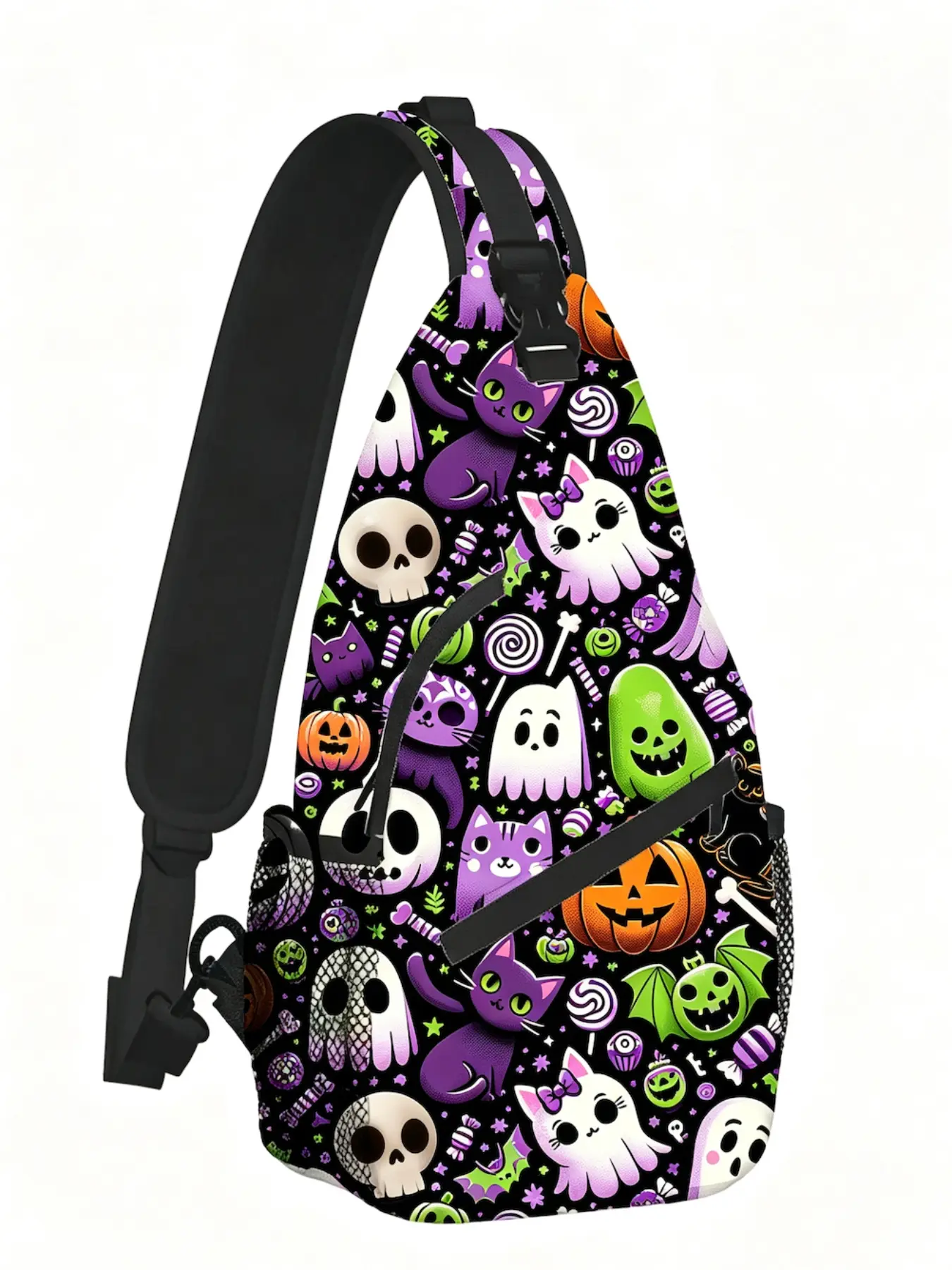 Halloween Ghost Pumpkin Skull Cat Pattern Crossbody Bag, Gothic Cute Weird Backpack, Lightweight Adjustable Strap Daypack, Women Teen Outdoor Travel