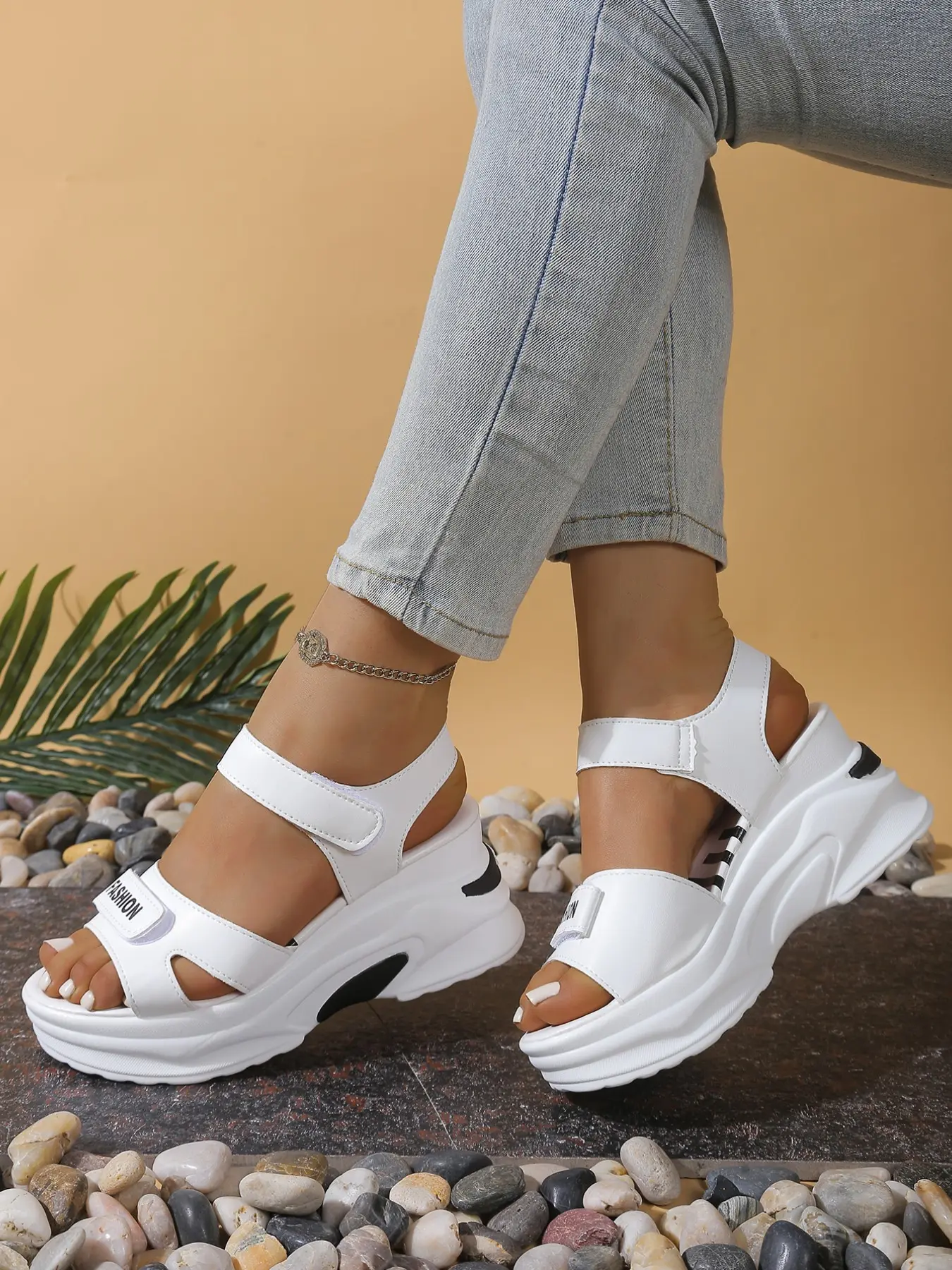 Wedge Sporty Casual Sandals, Thick Sole Platform Open Toe Velcro Strap Shoes, Striped Summer Outdoor Beach Travel Footwear