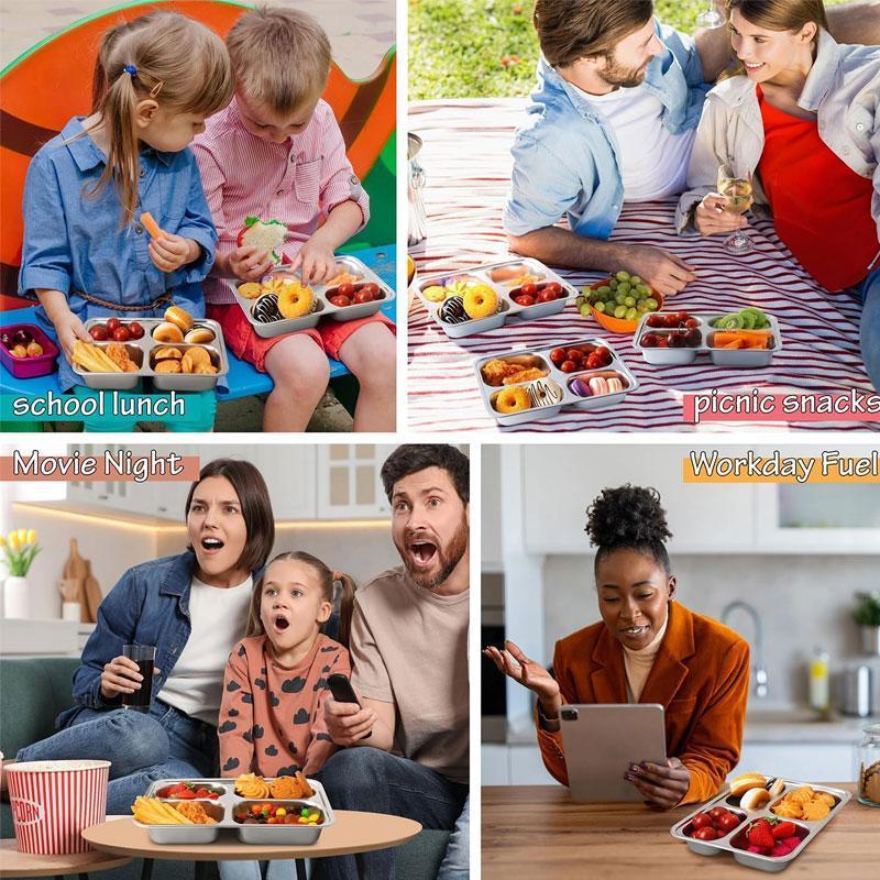 Stainless Steel Snack Container, 3 Counts/set Multi-grid Lunch Box with Lid, Reusable Adult Lunch Container for Home Travel