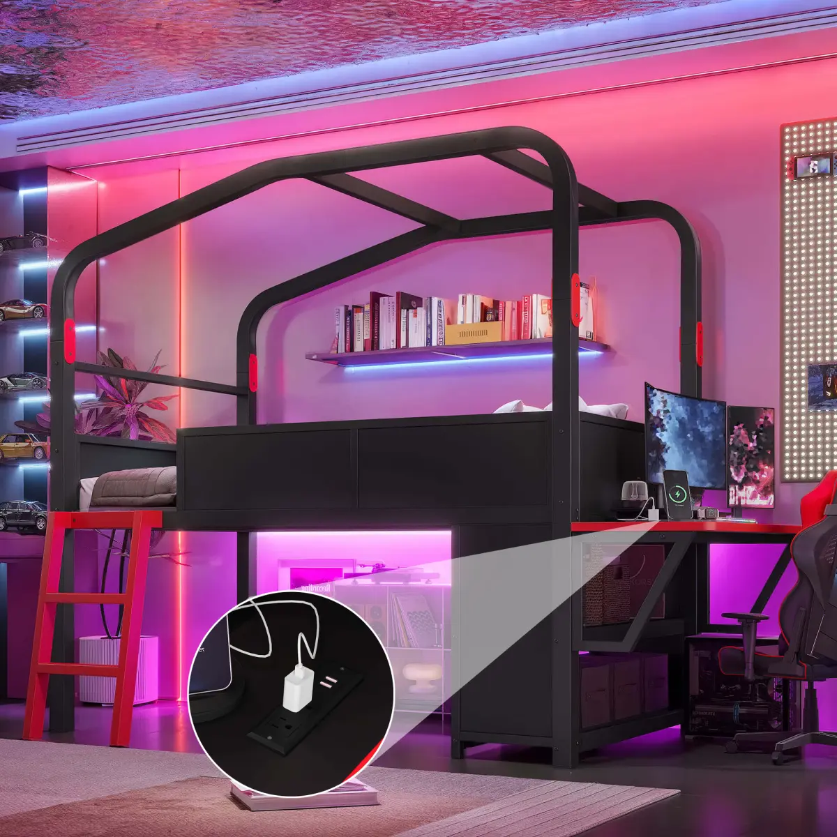 Twin Size Low Loft Bed with Side Desk and Usb Ports, Gaming Style Metal Loft Bed with Led Lights, Storage Cabinets, and Chic Canopy Design, Black