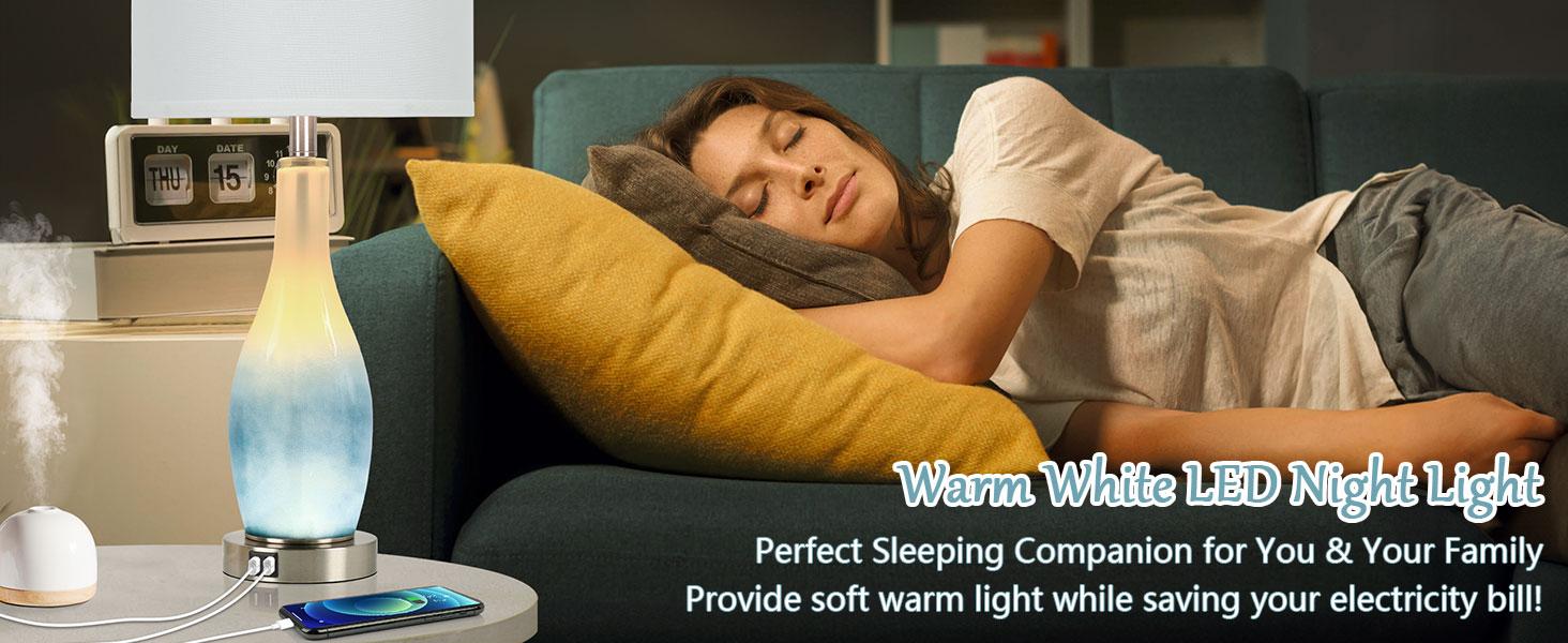 26in Tall Glass Table Lamps Set of 2 with 2 USB Charging Ports & LED Nightlight, Large Coastal Table Lamps for Living Room End Table, Modern Beach Lamps for Bedroom Bedside Nightstand