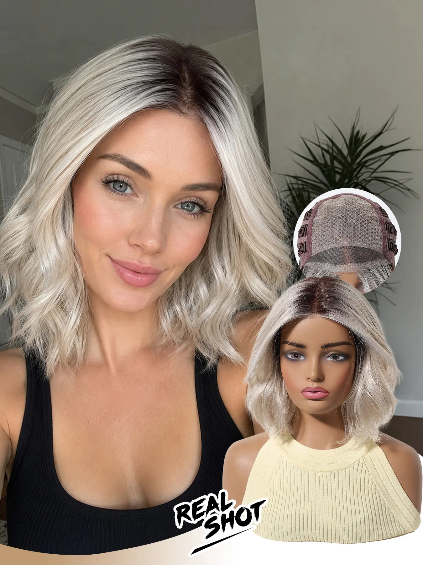Mono Breathable Mesh Hat Short Bob Style, European and American -Enhancing Trend, Root Gradient Platinum Highlights, Natural Hairline Effect