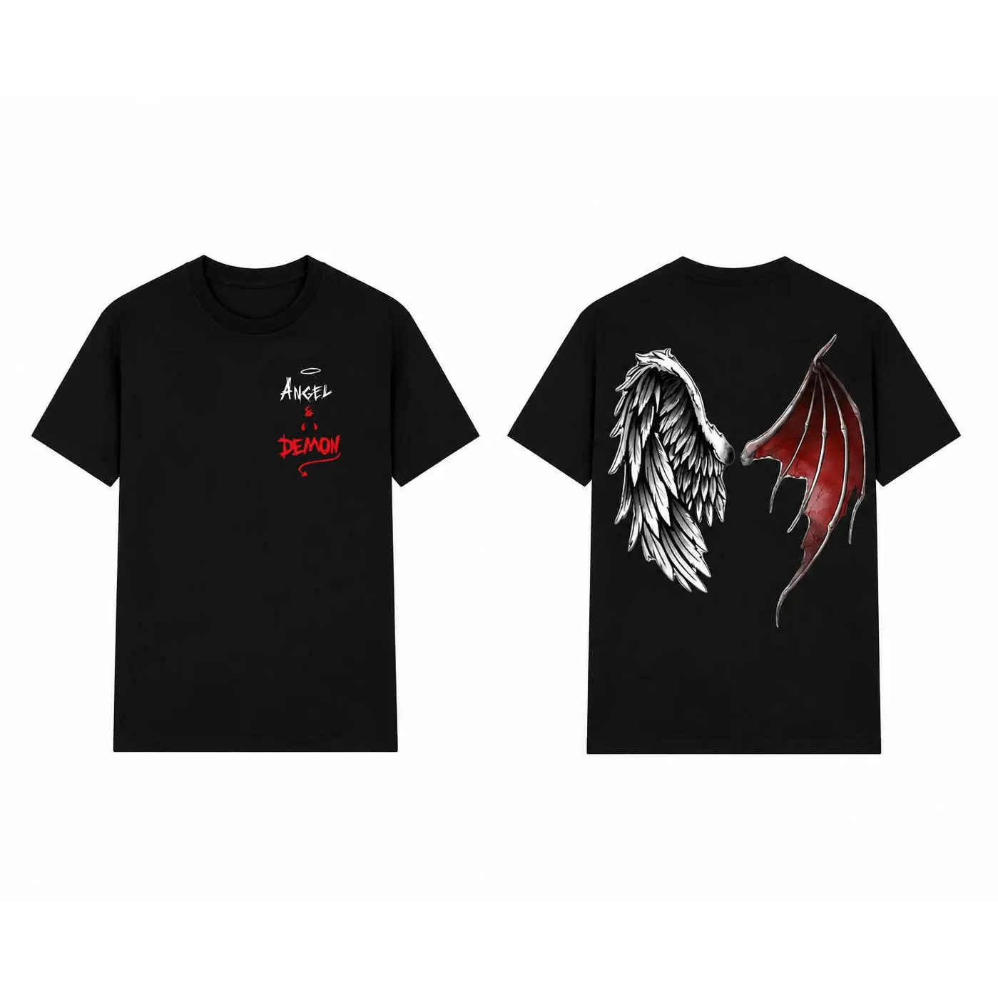 Menswear Short-Sleeve Round Neck Soft Angel Demon Wings T-Shirt, Double-Sided Printed, Black Dark Street Style, Unisex Loose Fit, Y2K Vibe Casual Outfit for Love-Focused Occasions,summervibes summervibes ☀️