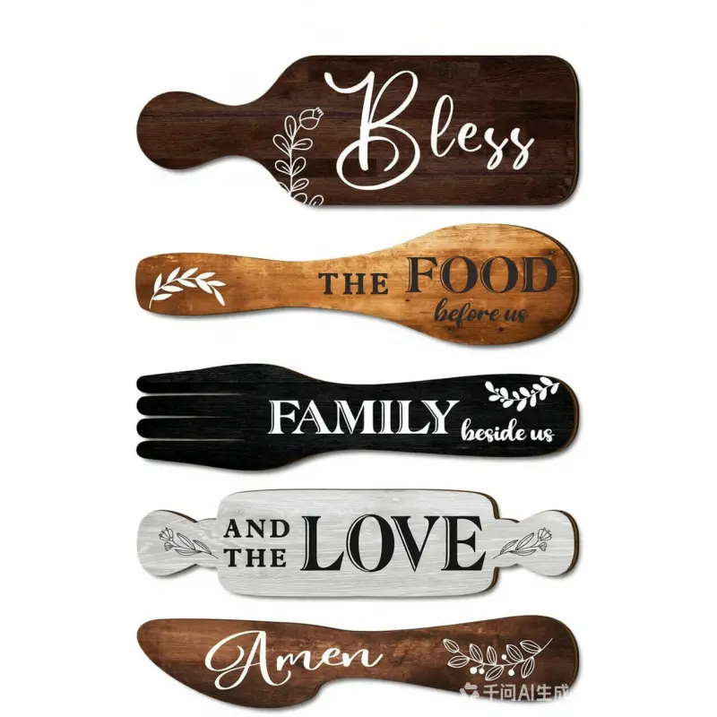 Dazzlewall 5-Piece Kitchen Wall Decor, Bless the Food Cookware Shaped Hanging Sign Rustic Wood Plaque for Farmhouse Kitchen Country Dining Room Wooden Plaque
