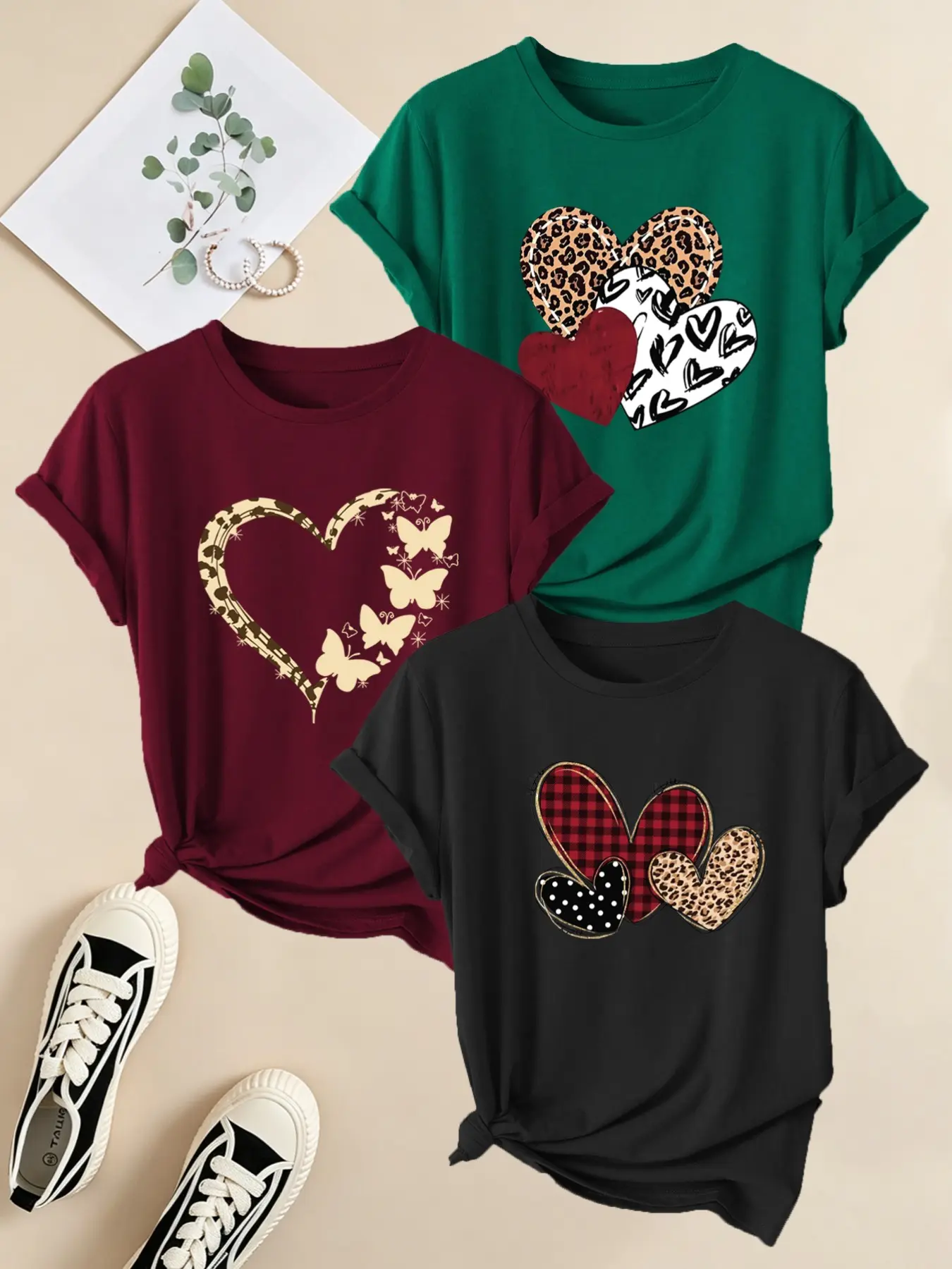 3-Pack Vintage Leopard Print Heart Pattern Short Sleeve T-Shirts, Women's Round Neck Casual Stretch Breathable Tops, Summer Daily Wear