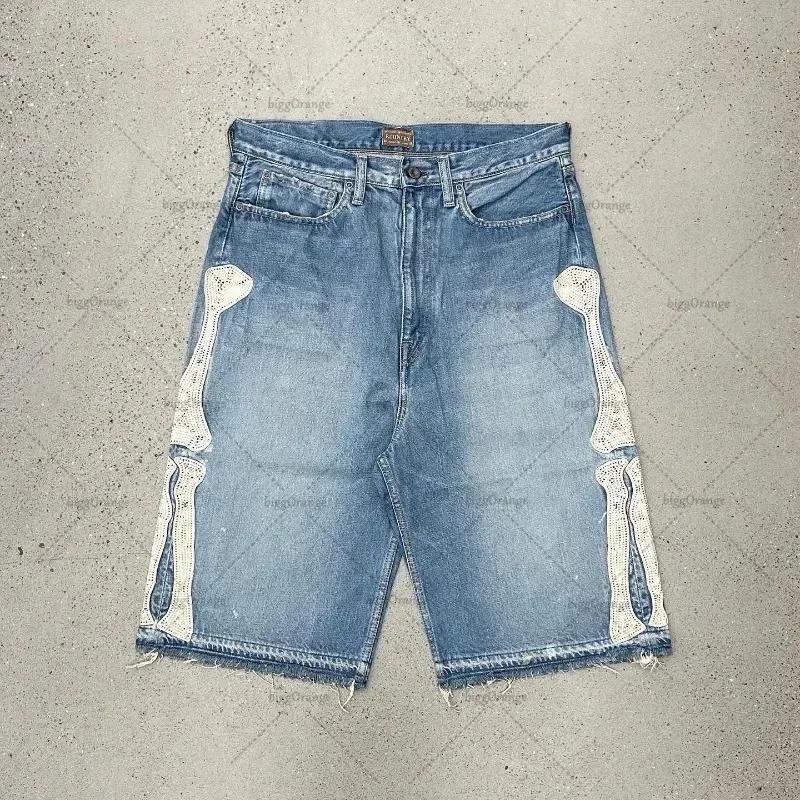 Summer retro skeleton denim shorts sports casual shorts new couple wearing street street 55 pants 2026 Europe and America(Sheets)