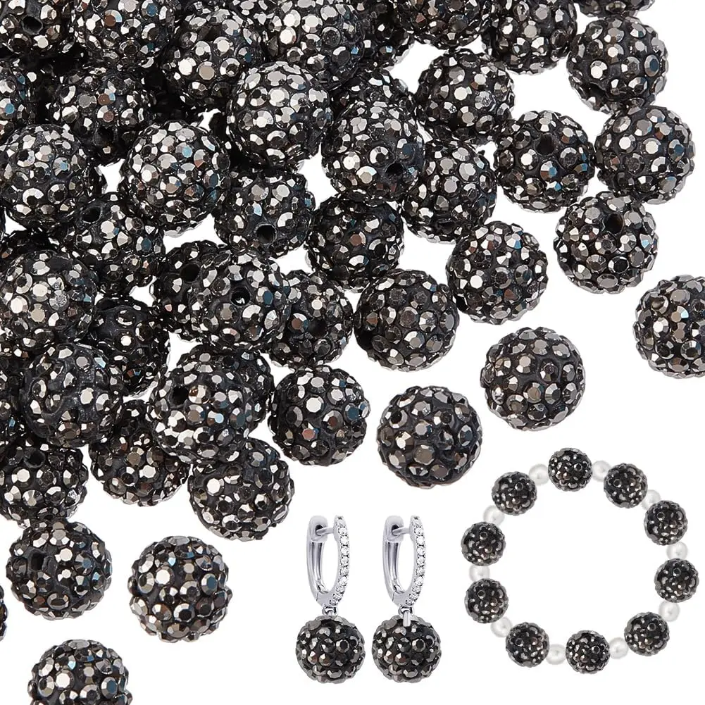 100 count 10mm Black Rhinestone Hematite Clay Beads - Polymer  Pave Disco Ball Round  for Necklace Bracelet  Making Party Decoration